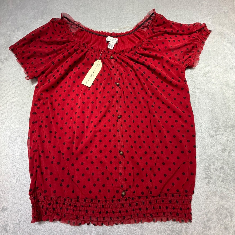Vintage French Laundry Red Polka Dot Mesh NWT Blouse Size L Y2K Blouson Top